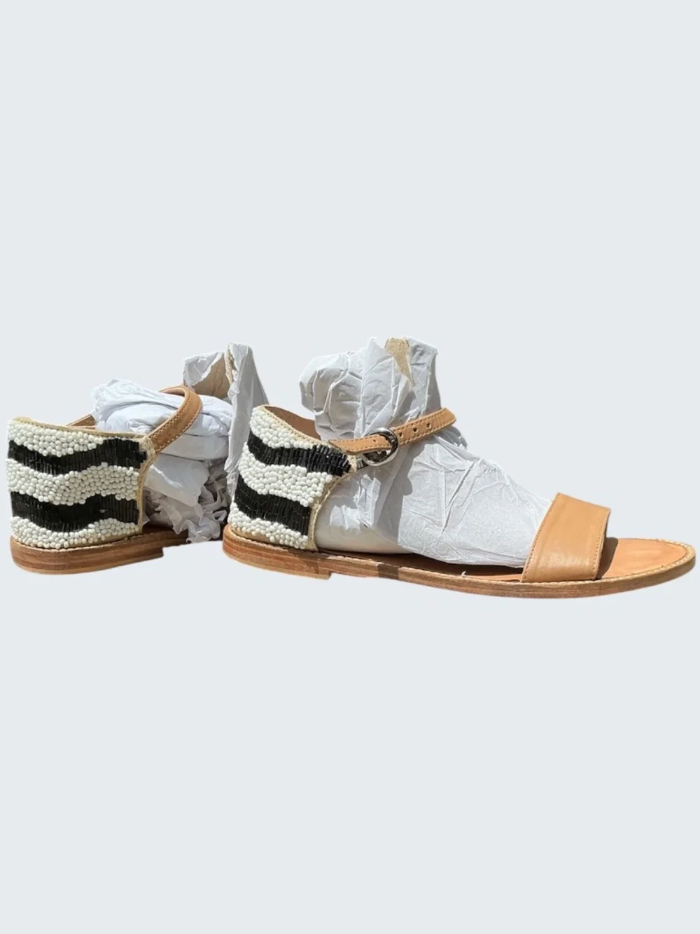 Anthropologie Miss Albright Tan Leather Sandal Zebra Stripe Beaded Heel SZ 8 (7)